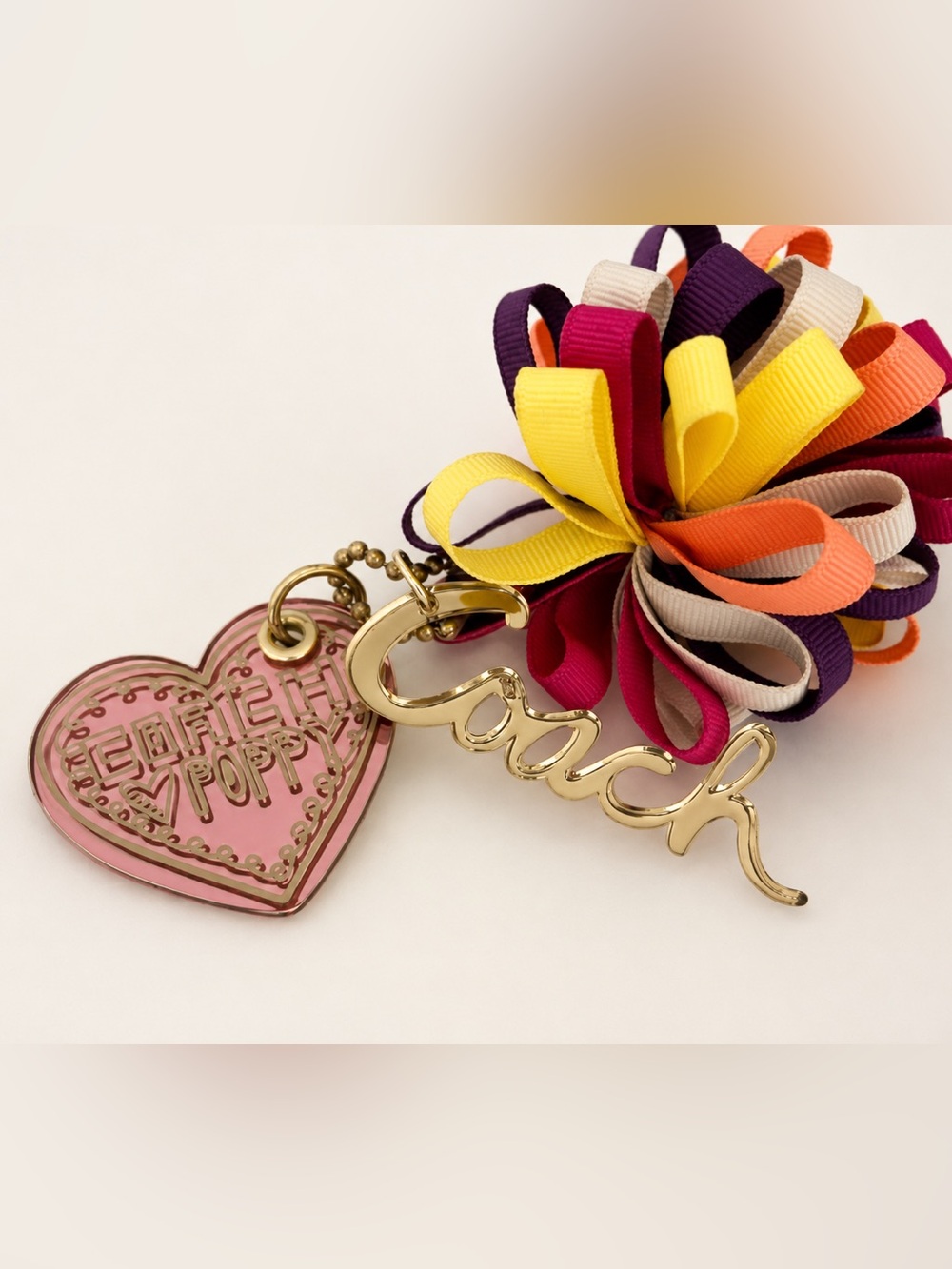 Coach Poppy Heart Ribbon Pom Bag Charm Keychain - Picture 3 of 8